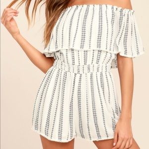 Worn once; Lulus Small White print off-the-shoulder romper
